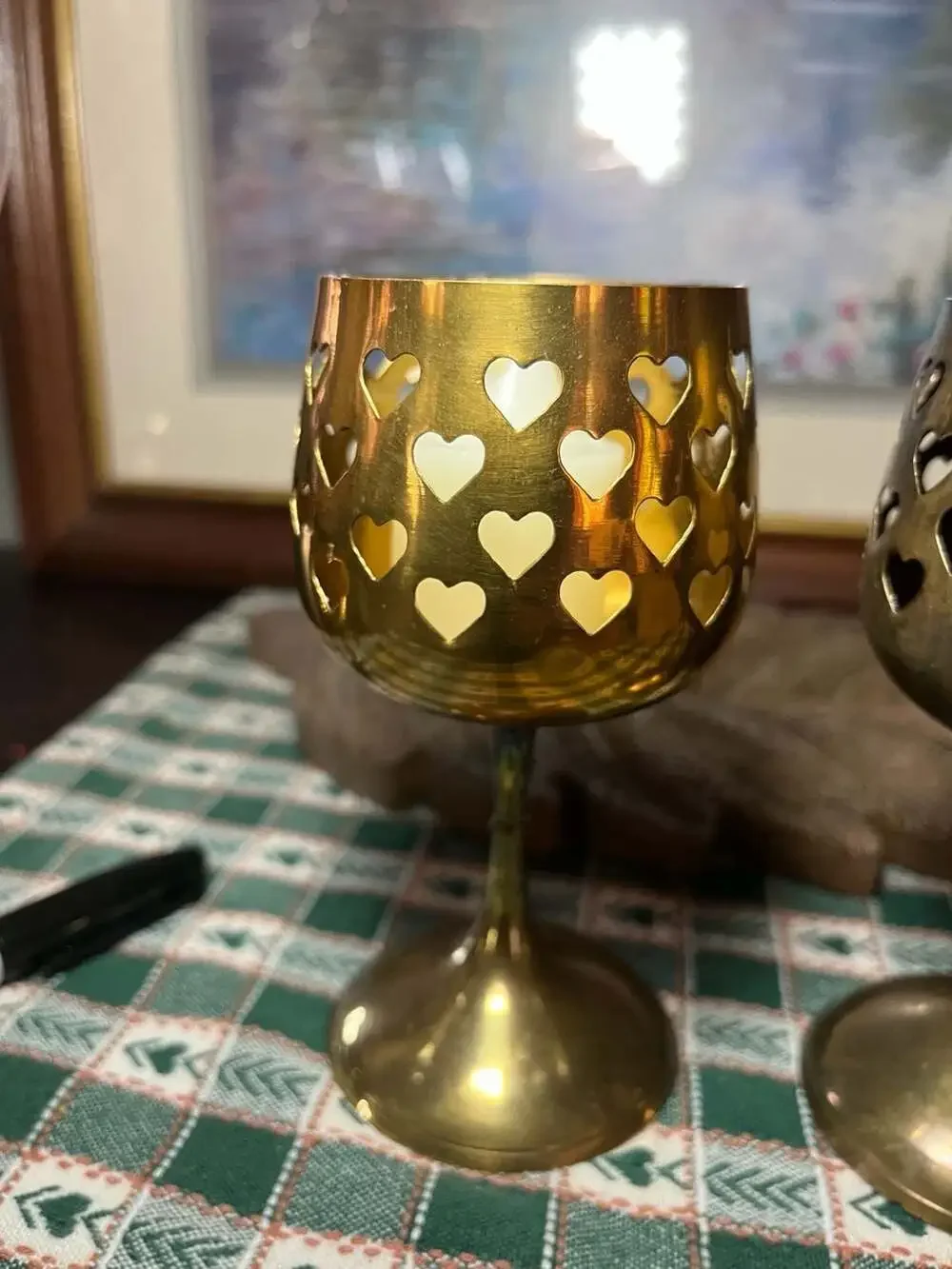 Vintage Hosley Brass Heart Cutout Goblet Votive Candle Holders, Set of 2